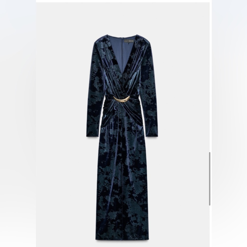 Zara Navy Velvet Long-Sleeve Vneck Dress with Gold Ring
